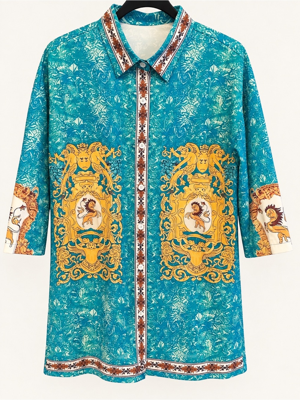 Turquoise Gold Baroque Print Mini Shirt Dress Size Small
